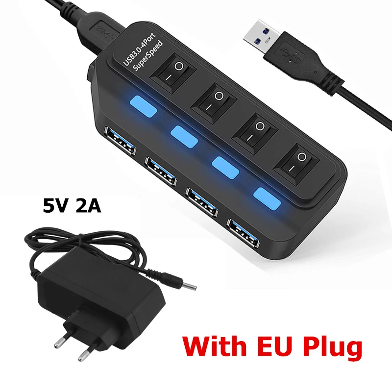 Концентратор USB 3,0, 4, 7 портов, светодиодный выключатель питания, USB высокоскоростной разветвитель, 5 Гбит/с, USB Hab, USB-HUB, EU, US, AU, UK адаптер - Цвет: 4 Ports with EU Plug