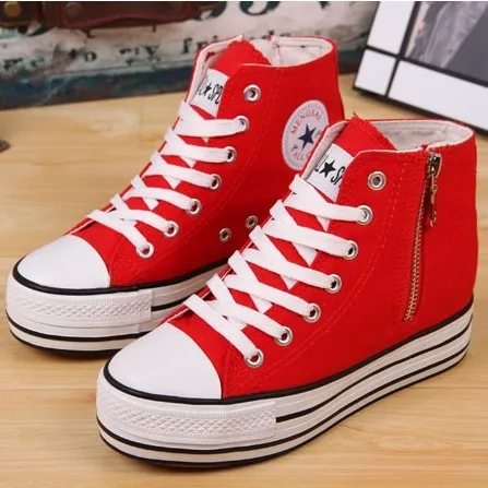 2014 Free Shipping New Arrive Hot Sale Lace up Classic Zipper Woman Height increasing Sneakers Casual Wedge Canvas Shoes | Спорт и