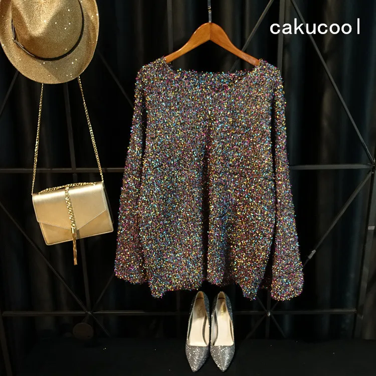 Женский трикотажный джемпер с люрексом Cakucool золотистый Свободный пуловер