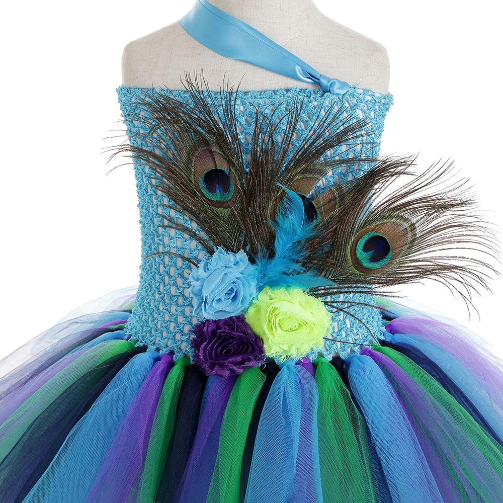 Peacock Tutu Dress Baby Girl Knee Length One Shoulder Feather Flower Wedding Birthday Party Dresses Children Animal Clothes Set | Детская