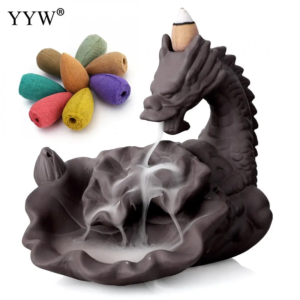 

Dragon Incense Burner Backflow Incense Cones Holder Censer Send 10pcs Cones Purple Sand Dragon Home Decoration Incienso Crafts
