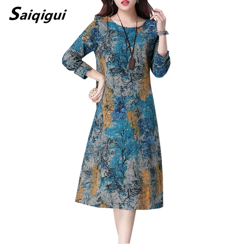 Женское платье с длинным рукавом Saiqigui повседневное свободное Хлопковое принтом
