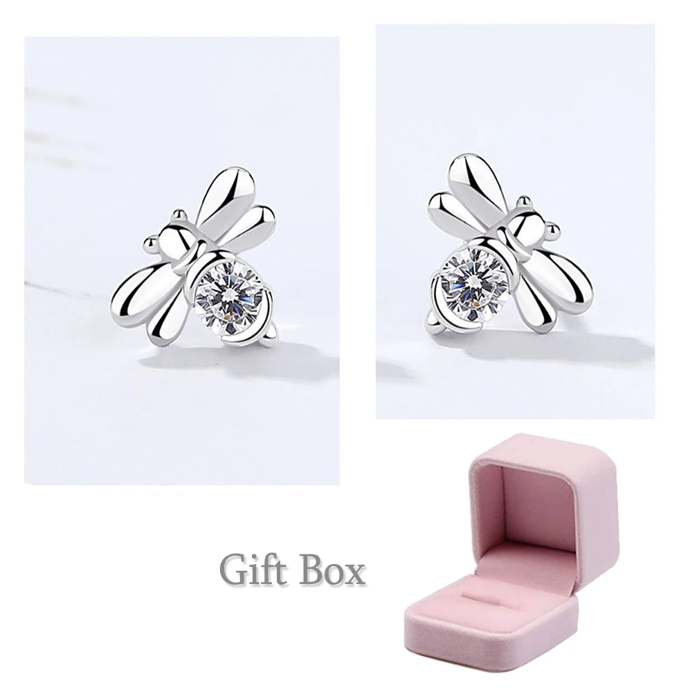S925 Sterling Silver Earrings Women Fashion Honey Bee Earring Honeybee Rhinestone Ear Studs Jewelry Gift box | Украшения и