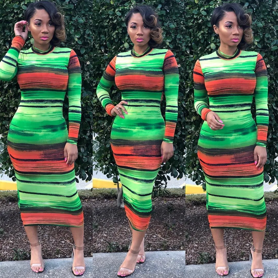 2019 African womenswear new women's long-sleeved colour striped o collar MIDI dress and calf tights party club vestidos LD |