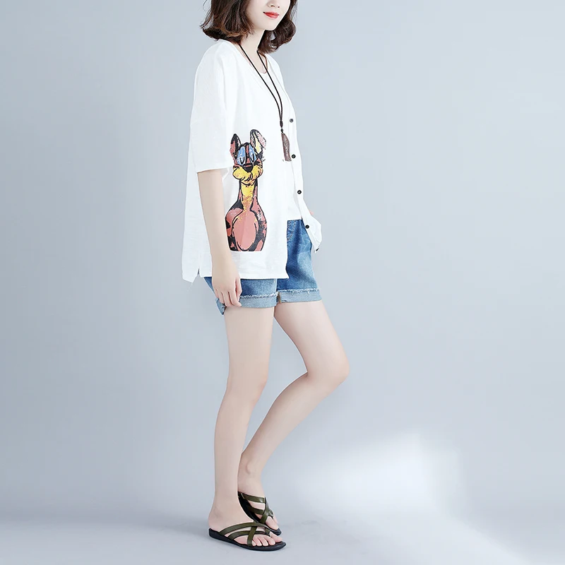 NBHUZEHUA T154 Summer Cardigan Women Blouse Cute Cartoon Solid Cotton Thin Shirt Plus Size 4XL 5XL 6XL Kimonos Black White |