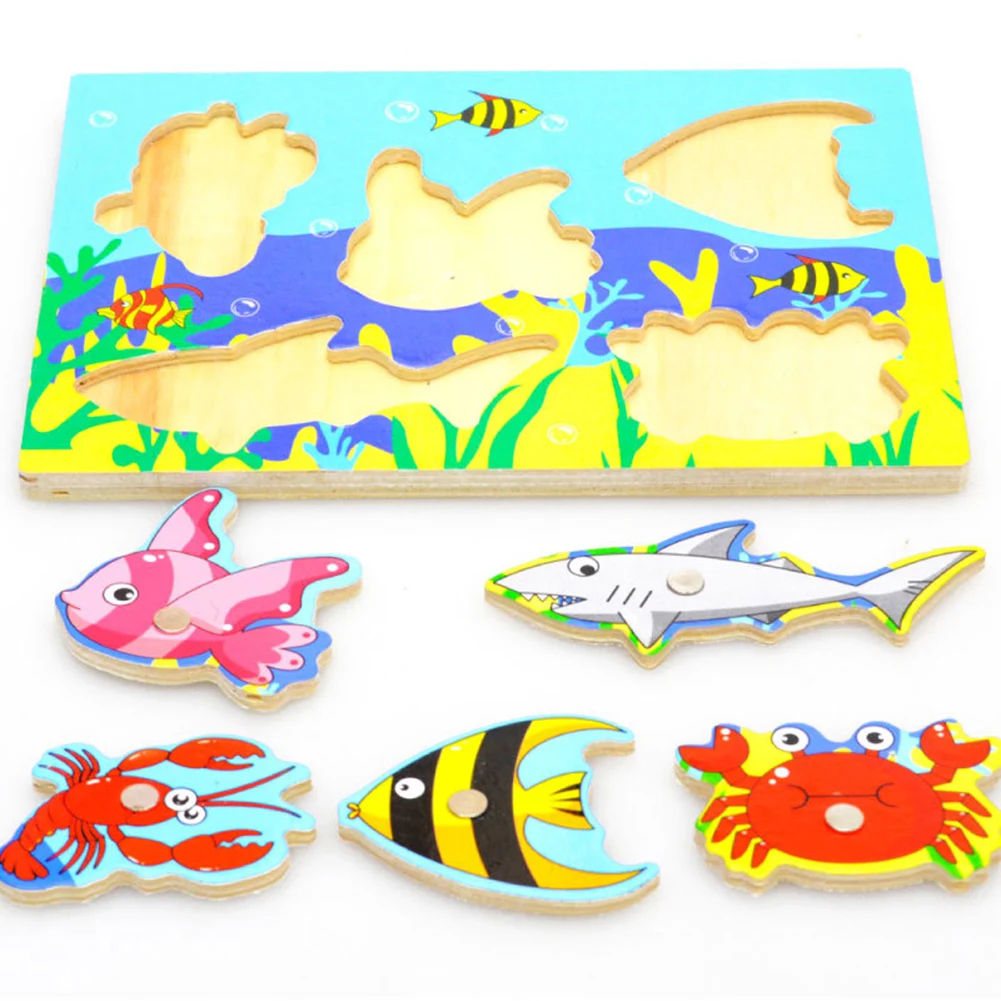 Children Fishing Game Wooden Ocean Jigsaw Board Magnetic Rod Outdoor Fun Toy For Kid Jogos De Tabuleiro Madeira Non-electric | Игрушки и