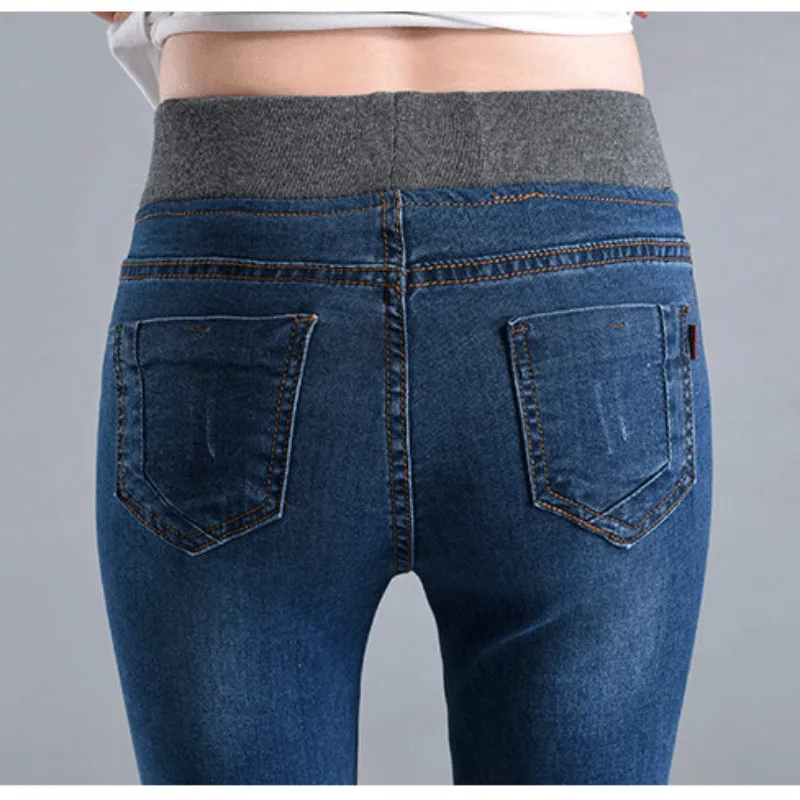 Высокая Талия Для женщин обтягивающие джинсы темно-синий до середины икры Длина