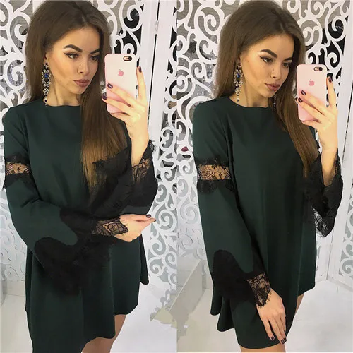 Зеленый Офисное женское модное кружевное Повседневное платье с круглым вырезом, свободное прямое платье, весна-осень, вечерние Клубные мини-платья - Цвет: Зеленый