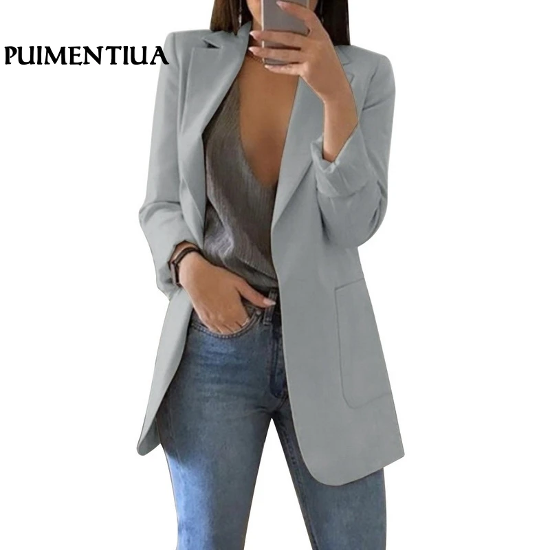 Женский офисный кардиган Puimentiua приталенный Блейзер с открытым передом и длинным