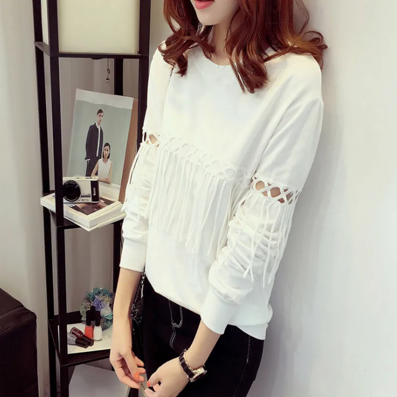 Новые женские осенние Топы с кисточками длинными рукавами и круглым вырезом