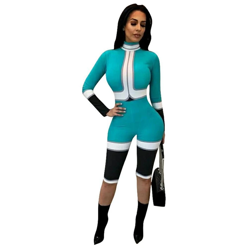 Женский комбинезон до колен с высоким воротником и длинным рукавом|Женские