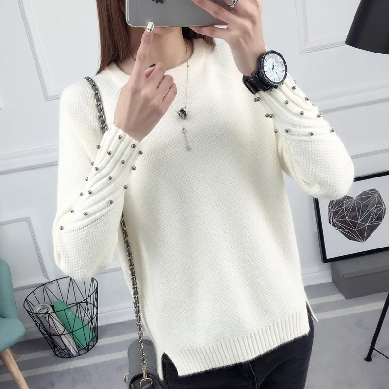 2019 New Winter Sweater Women Beading Long Sleeve Knitting Casual Autumn Elegant Split Pullover | Женская одежда
