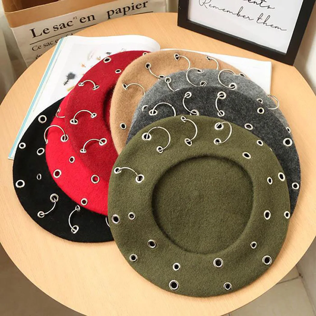 Женский шерстяной берет шляпа винтажное панк металлическое кольцо обруч плоский