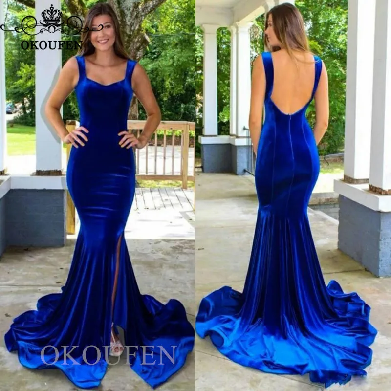 Королевский синий бархат Русалка вечернее платье для женщин 2019 Robe De Soiree спинки