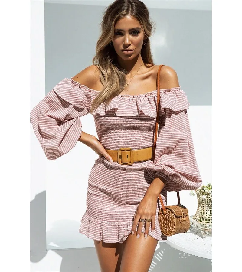 Женское Повседневное платье в полоску с открытыми плечами богемное облегающее