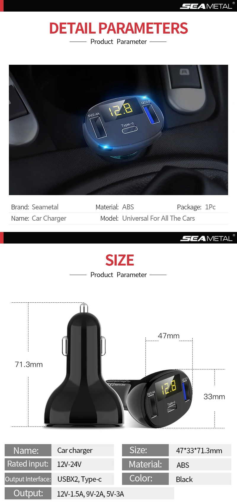 Type-C QC3.0 12V 2.4A 2 USB светодиодный автомобильный зарядное устройство прикуриватель двойной разъем для мобильного телефона Быстрая зарядка в авто электрические аксессуары