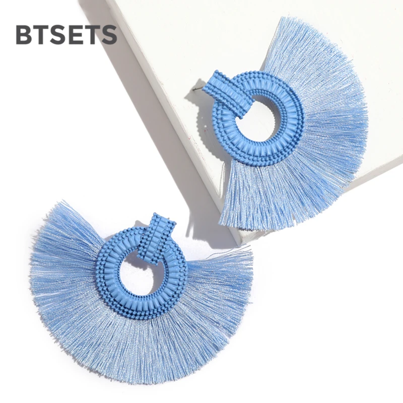 Винтажные серьги веер и кисточка женские хлопковые массивные сережки с большой