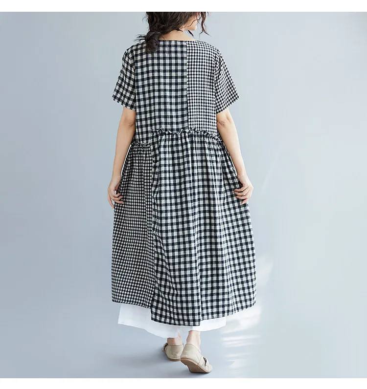 Женское клетчатое платье с коротким рукавом 2019 летнее хлопковое льняное