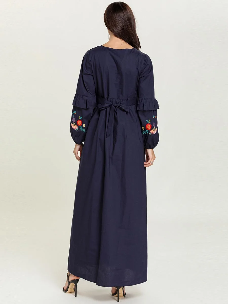 

Women Retro Ethnic Floral embroidery Maxi Dress Plus Size Long Sleeve arabic ramadan Robe muslim abaya african dashiki VKDR3001