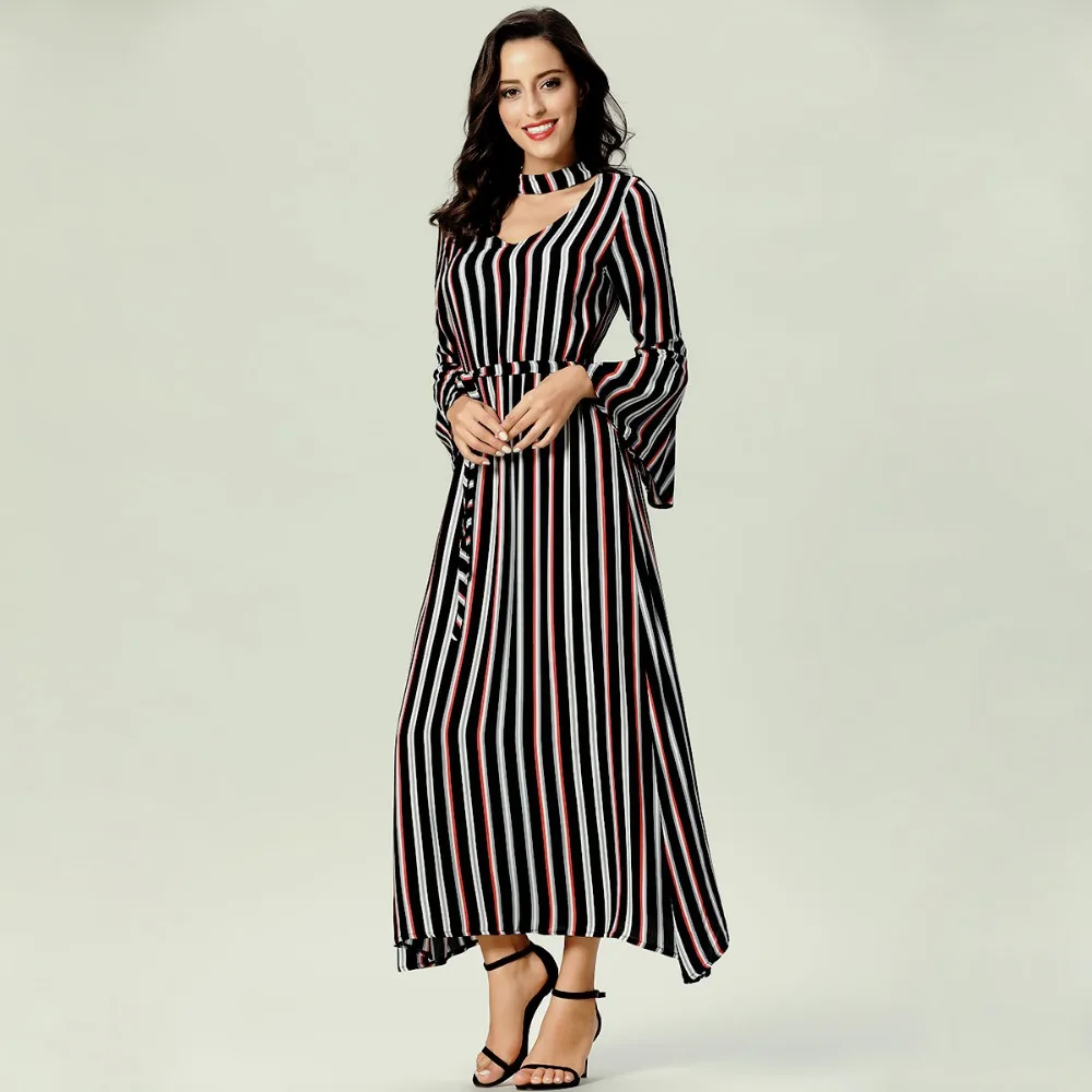 Мусульманское Абаи Макси платье полосатый принт Дубай Кафтан Исламская Женская