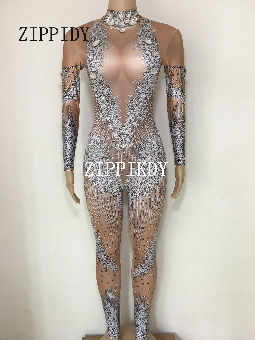 

Silver Glisten Nude Jumpsuit Sexy Stones Bodysuit Stage Dance Performance Party Celebrate luxurious Costume Dance Outfit