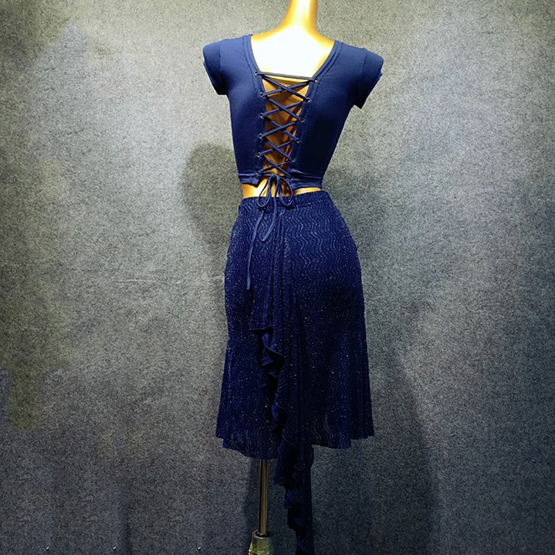 2019 дизайн латинский танцевальный Топ женский костюм синий короткий топ пупок