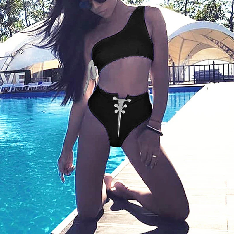 Купальник женский бикини на одно плечо с перекрестной шнуровкой и высокой талией