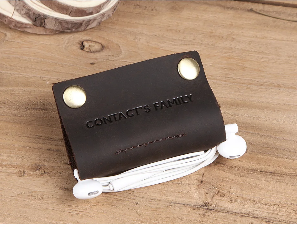 Luxury genuine leather earphone cable organizer wire winder for Earphone USB cable protector management holder mini personalized