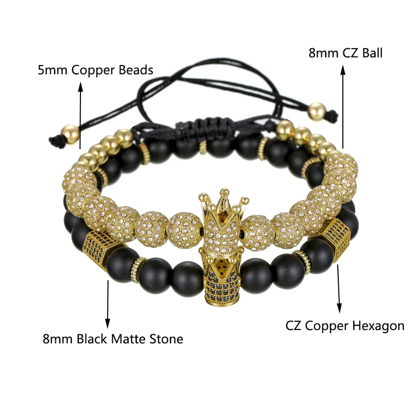 2Pca/набор Pave CZ шар Шестигранная Корона очарование плетение макраме черный матовый