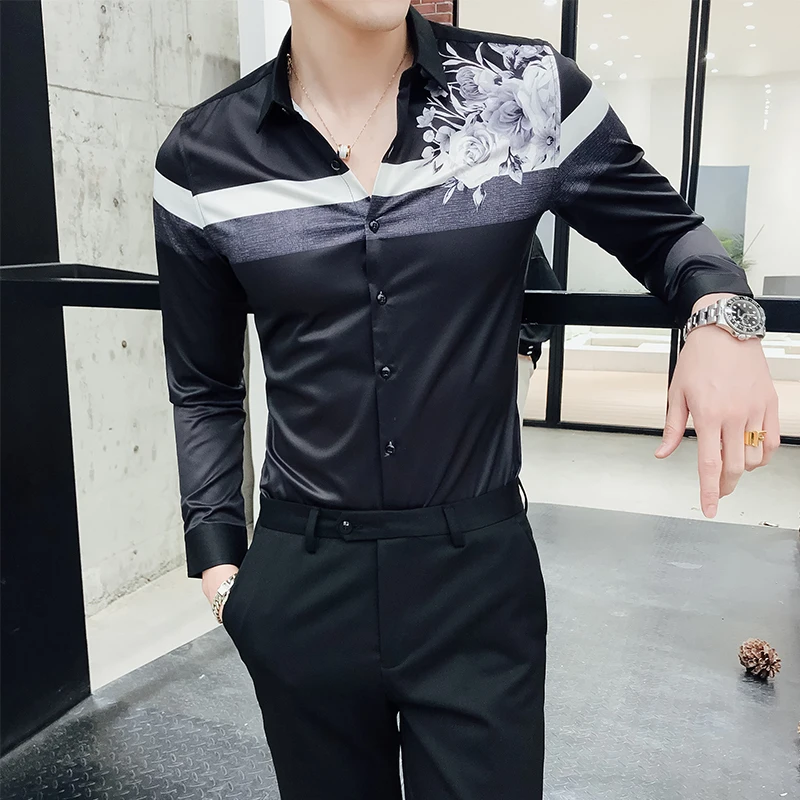 Новая Узорчатая рубашка с длинным рукавом для ночного клуба Chemise Homme модная