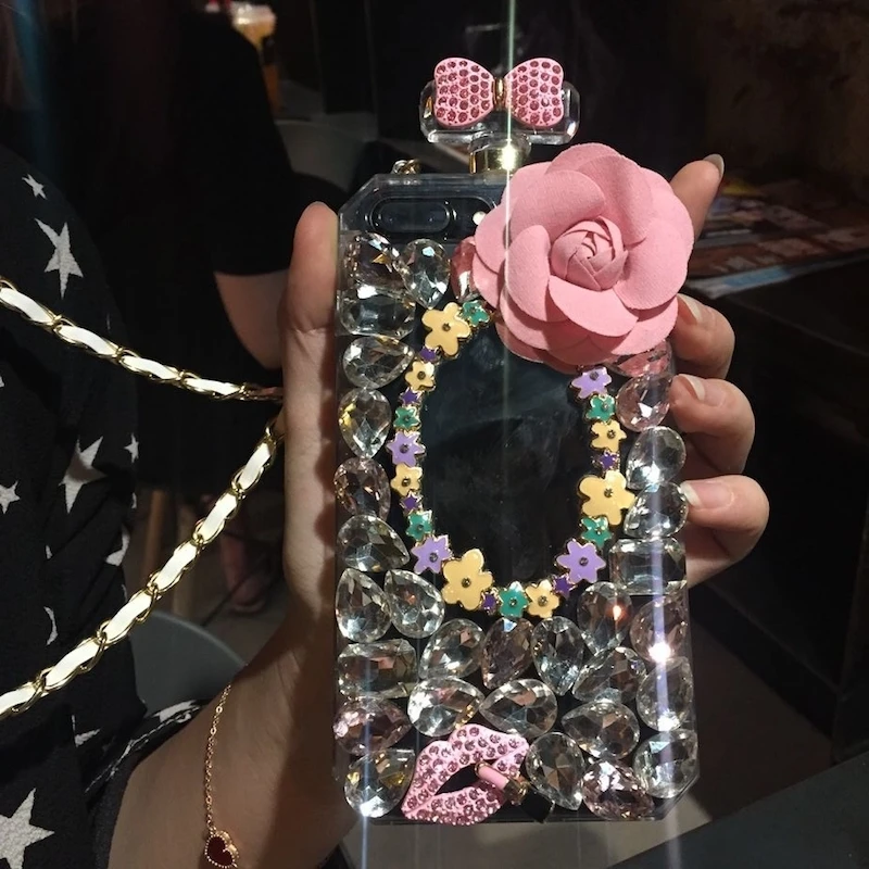 

For iphone 6 6s 7 8 plus X Luxury Fashion crystal diamond bow lips flower Perfume Bottle mirror glitter phone case cover lanyard