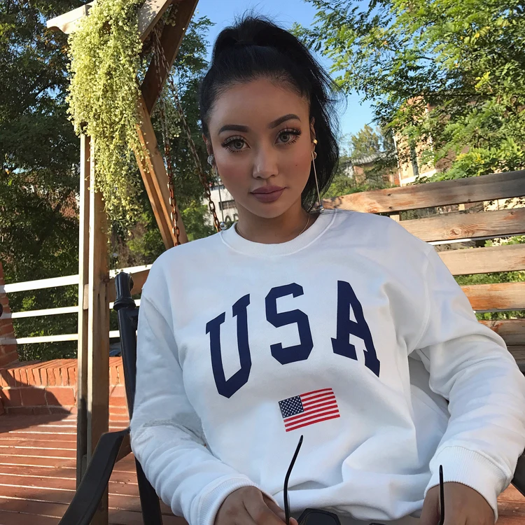 Новые буквы USA принт Женская модная одежда с длинными рукавами свитер с капюшоном Harajuku Джемпер Пуловер С Капюшоном Теплый Повседневное свободные топы белого цвета