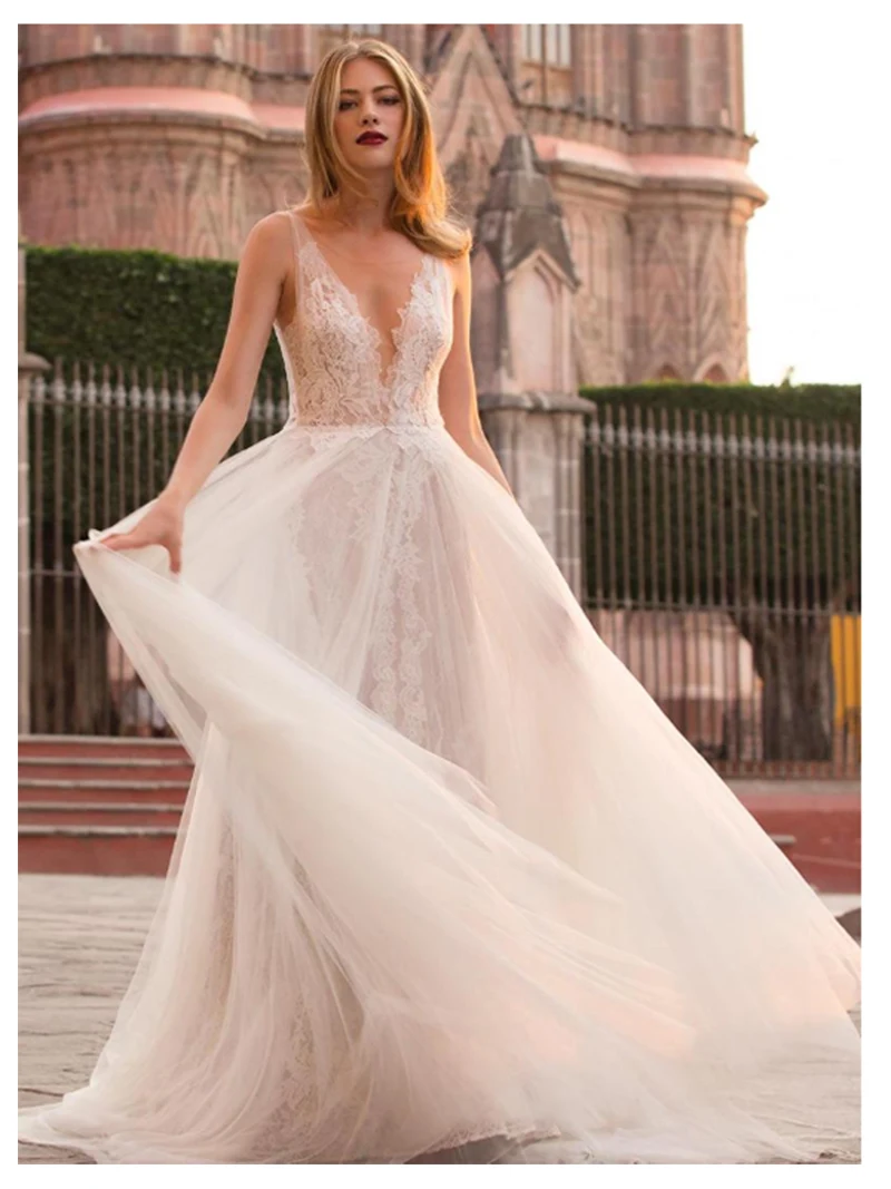 LORIE Beach Wedding Dress 2019 See Through Appliques Lace Tulle A-Line Custom Made Princess Gown Bridal | Свадьбы и торжества