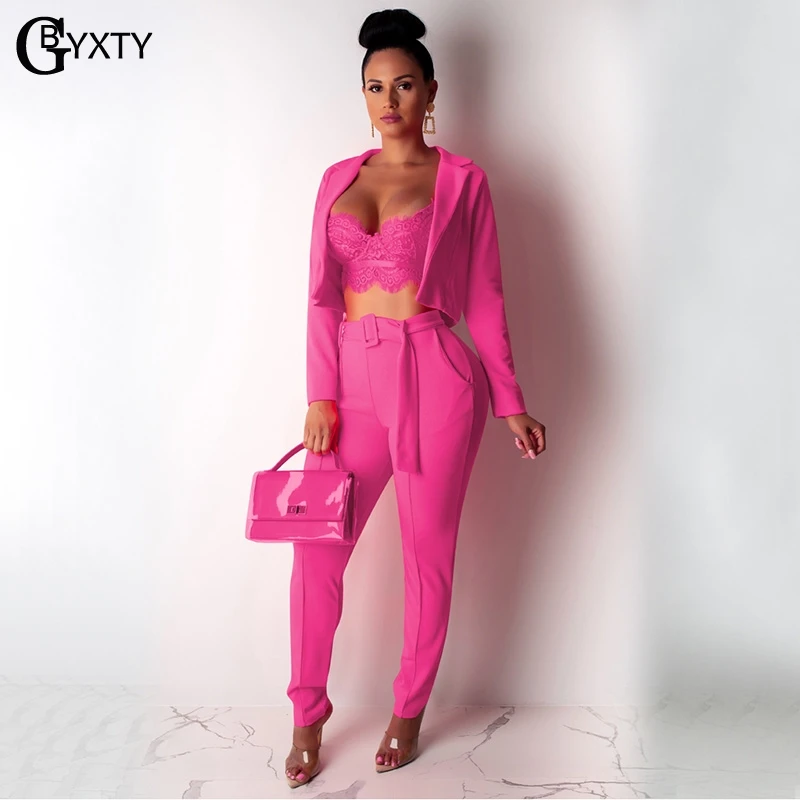 GBYXTY Neon Two Piece Pants Set Ladies Office Suit 2019 Autumn Women Long Sleeve Crop Blazer and 2 Outfit ZL370 | Женская одежда