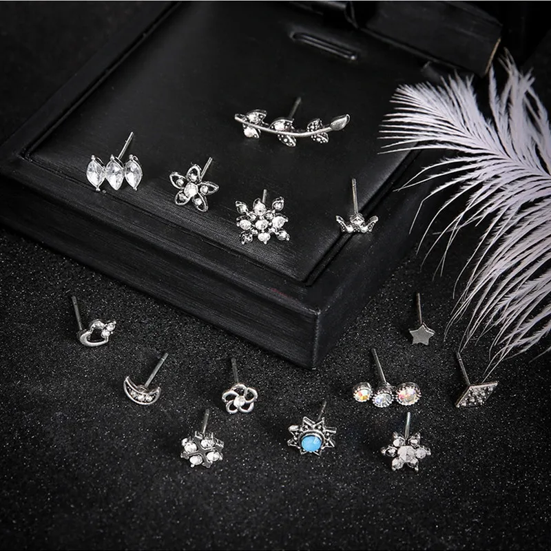 Набор серег гвоздиков 14 шт./лот в богемном стиле женские маленькие ювелирные