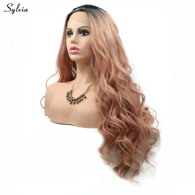 Sylvia, парик из натурального дыма, розовый, высокотемпературный парик из волокна, длинные волосы, черные корни, золотые, розовые/розовое золото, синтетические парики на шнуровке спереди