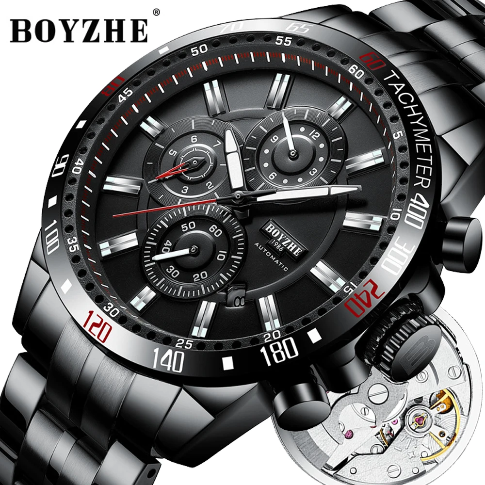 Мужские автоматические механические часы BOYZHE спортивные с автозаводом стальные
