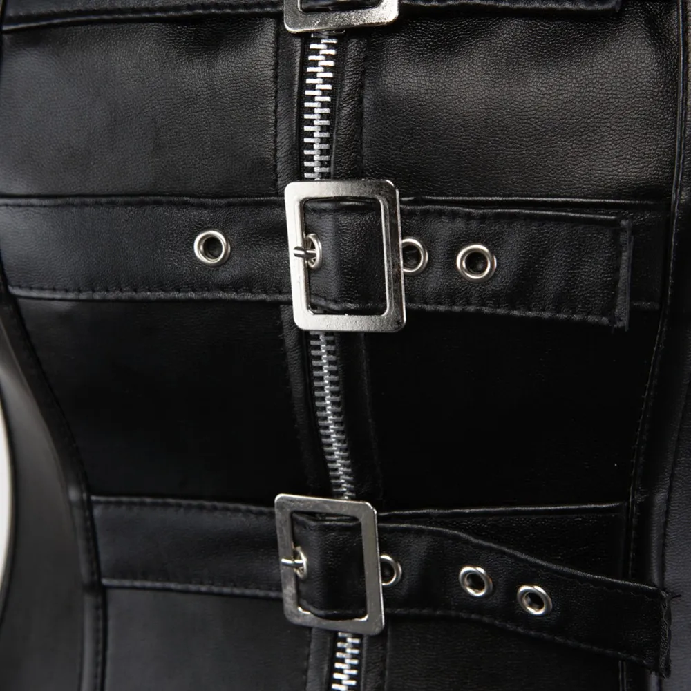 Черный корсет из искусственной кожи верхняя одежда на молнии и пряжках бюстье с