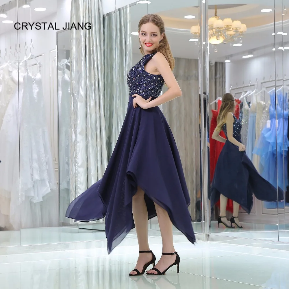 Темно синее коктейльное платье CRYSTAL JIANG 2018 сделанное на заказ Ассиметричное без