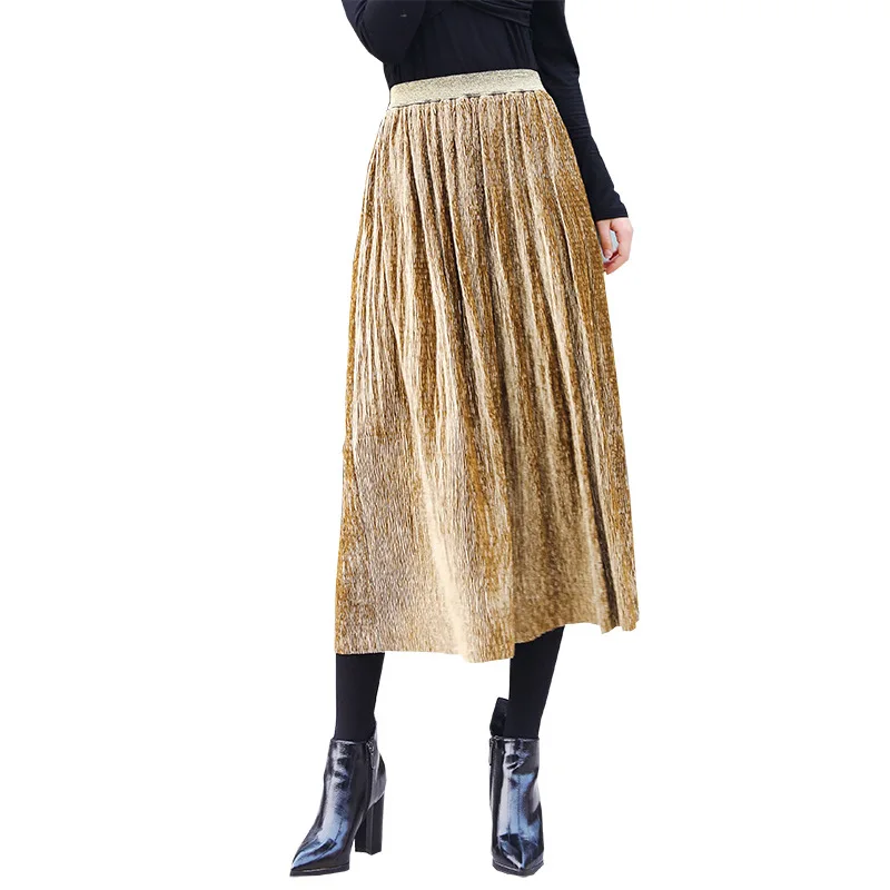 Плиссированная юбка с высокой талией длинная металлическая женская модная