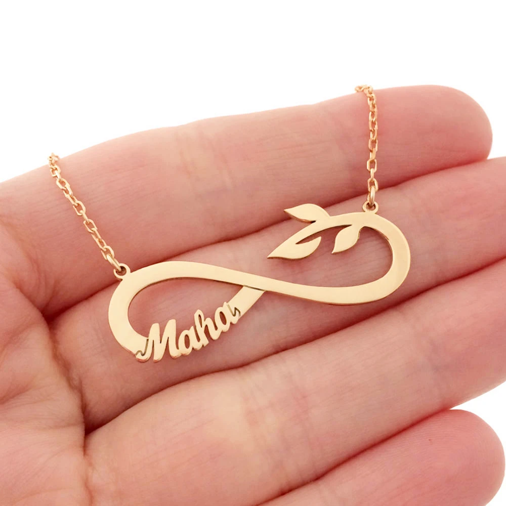 Фото Индивидуальное ожерелье с именем листьев бесконечности из нержавеющей стали Индивидуальное ожерелье с именем листьев бесконечности из нержавеющей стали
