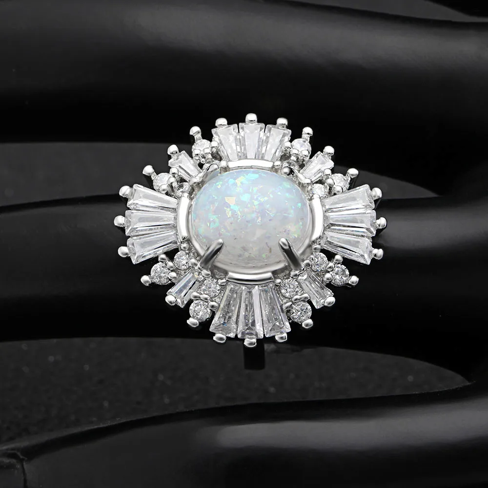 Кольцо с крупным кубическим цирконием и опалом женское свадебное украшение