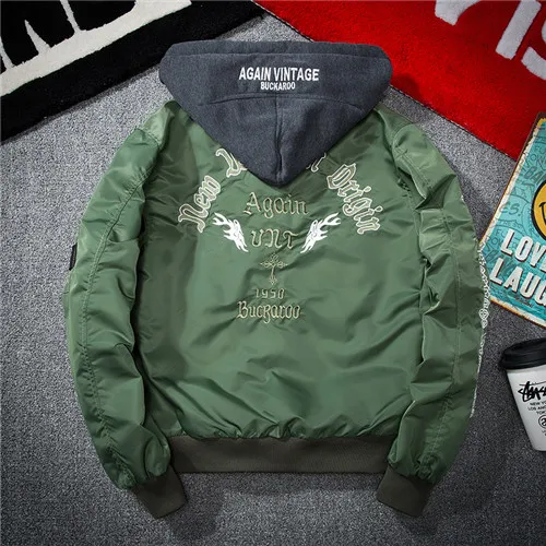 Army Hooded Новинка, мужская куртка на весну и осень, модная, Армейская, летная, куртка-бомбер, пальто, мужская, повседневная, с вышивкой, тонкая, с капюшоном, верхняя одежда - Цвет: Army Hooded