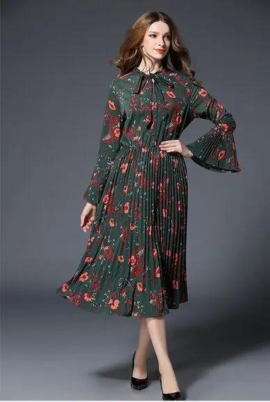 2017 O-Neck Spring Autumn High Quality Speaker Sleeves Vintage Dress Flower Floral Print Elegant Dresses | Женская одежда
