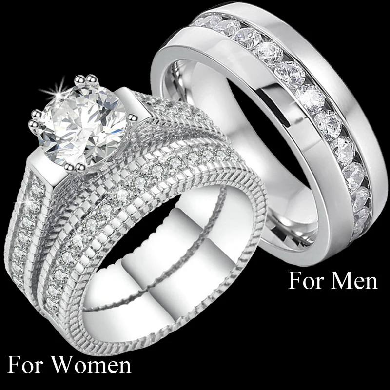 Women Silver Color Luxury 2 Rounds Cubic Zirconia Fashion Wedding Rings Sets, Men CZ 316L Stainless Steel Ring Couple Gifts