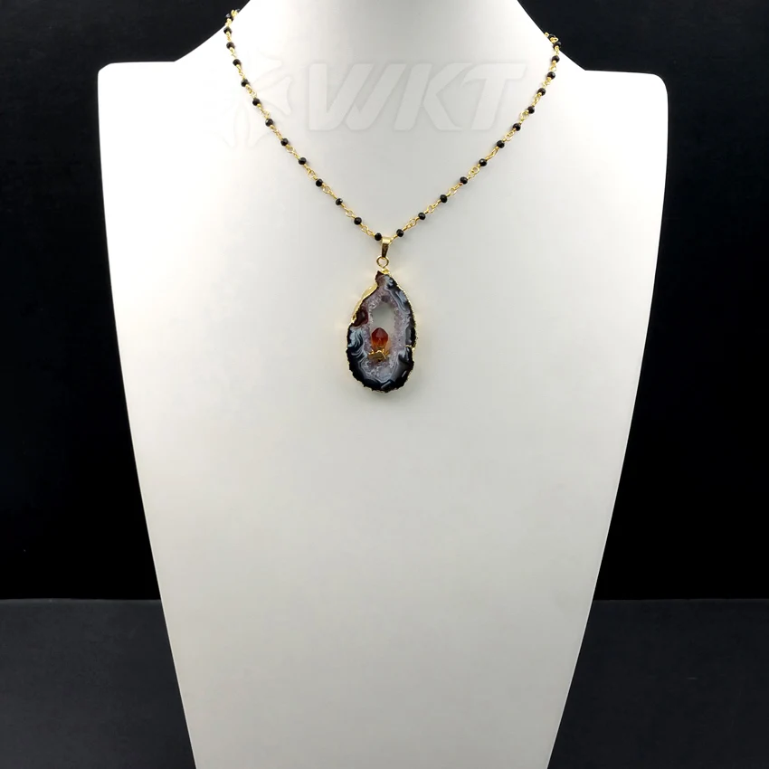 WT-N974 Wholesale Custom Natural Geode A g a t e With Charm Pendant Necklace Black Rosary Chain Trendy For Women | Украшения и