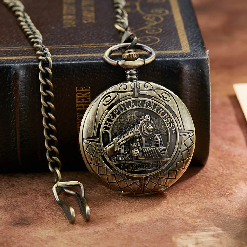 Retro Locomotive Mechanical Pocket Watch The Polar Express Design Bronze Hollow Skeleton Mens New Mechanical Pocket Watch Chain