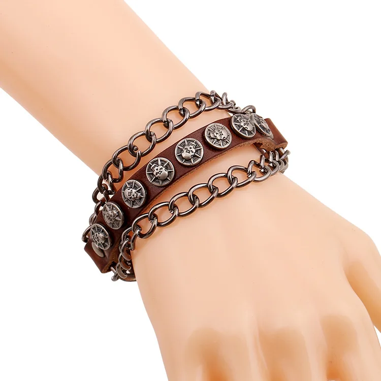 Boho Gypsy Hippie Vintage Punk Brown Leather Copper Skull Bead Chain Metal Charm Wrap Unisex Adjustable Bangle Bracelet for Man