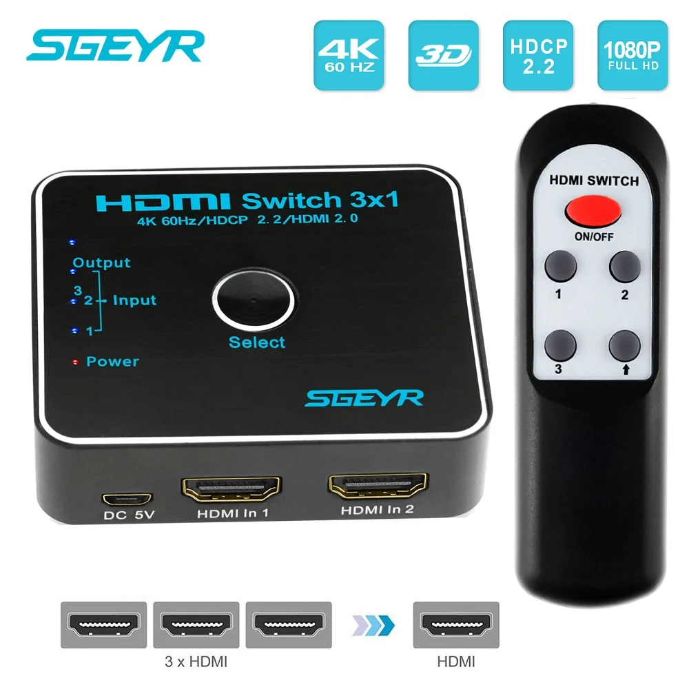 HDMI коммутатор 4k HDMI разветвитель 3 в 1 выход HDMI коммутатор с ИК-пультом дистанционного управления поддерживает 4k@ 60HZ 3D HD1080P для PS4 Xbox Apple tv