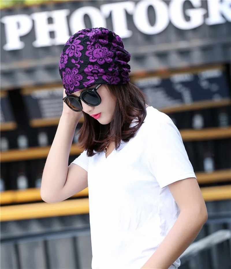 Новая модная женская кружевная Цветочная мешковатая Шапка-бини сетчатая дышащая